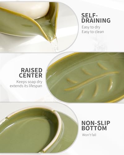 Soap Holder, Self-Draining Soap Dish, Leaf Shape Ceramic Bar Soap Holder Drain Soap Dishes for Bathroom Sink Kitchen, Easy to Clean Keeps Soap Dry, Olive Green, ANTIS'S HOME - color: Green-enhanced Drainage-1pcs