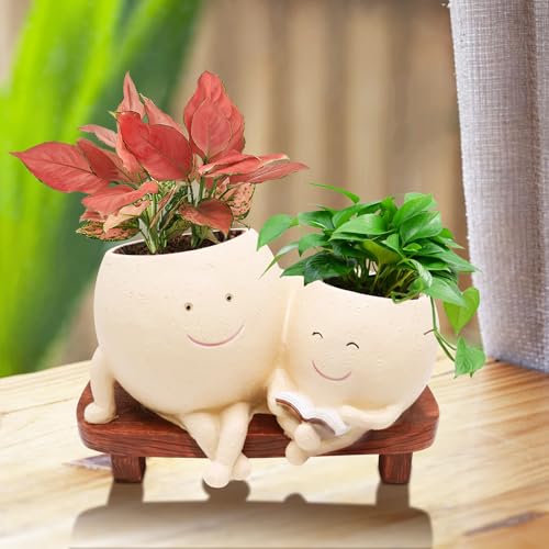 LAUGOKEBE Cute Smily Face Plant Pot for Indoor Outdoor with Drainage Hole | Unique Double Head Reading Book Planters, Funny Succulent Flower Pots, Plant Gifts for Mother's Day, Birthday, Christmas