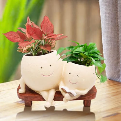 LAUGOKEBE Cute Smily Face Plant Pot for Indoor Outdoor with Drainage Hole | Unique Double Head Reading Book Planters, Funny Succulent Flower Pots, Plant Gifts for Mother's Day, Birthday, Christmas