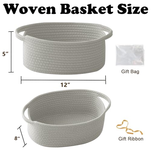 2 Pack White Small Woven Rope Basket with Handles | Empty Gifts Basket with Bag and Ribbons, Cute Handle Organizer Box, Birthday/Baby Shower, Toy Storage - color: 2PC-Grey