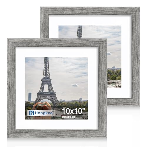 Hongkee 10x10 Picture Frame Set of 2, Made of Real Glass and Grey Wooden Frame - Display Square 8x8 with Mat or 10x10 Without Mat, 10 by 10 Photo for Wall or Tabletop - color: Grey, size: 10X10 in