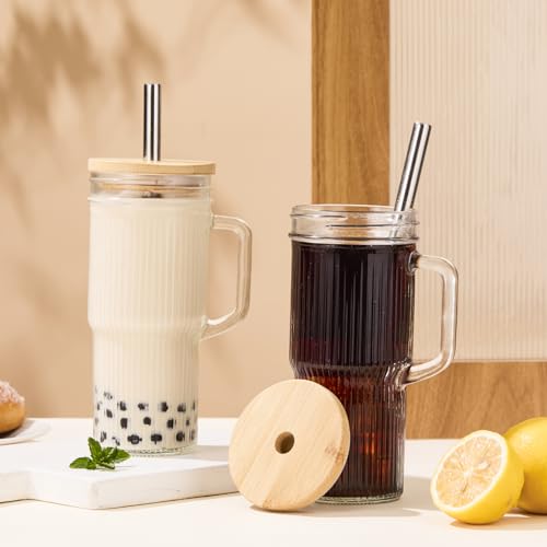 JunVpic Glass Tumbler, 24 oz Ice Coffee Cups with Bamboo Lid and Handle | Stainless steel straws and cleaning brushes, Ribbed design for iced coffee, smoothies, tea and daily drinks - color: Clear-Ribbed, size: 24oz