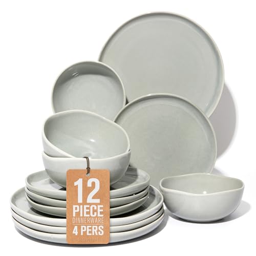 Ceramic Dinnerware Sets for 4, 12pcs Plates and Bowls Sets Dish Set | Stoneware Dishware sets, Microwave & Dishwasher Safe, Cereal Bowls and Dinner Plates Set, Stackable Dishes Set, Dusty Green - color: Dusty Green, size: Set (12pcs)