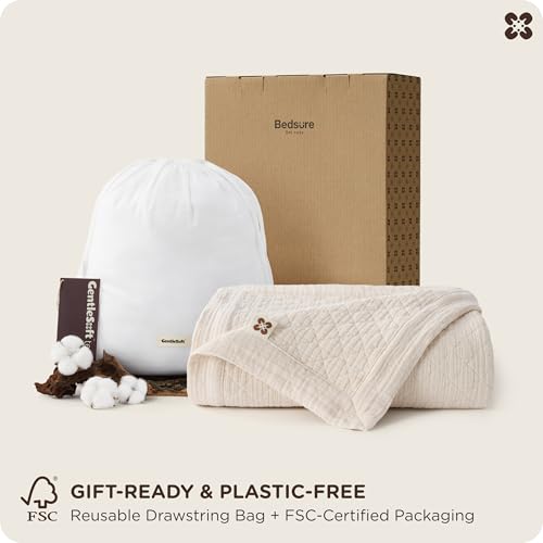 Bedsure PureWoven 100% Cotton Muslin Blanket 8-Layer, Queen, Linen Beige | 90" X 90", Breathable, Moisture-Wicking, All-Season, Softens After Wash, 460 GSM, Gauze Bedding, Low Shedding, for Adults - color: Linen Beige, size: Queen