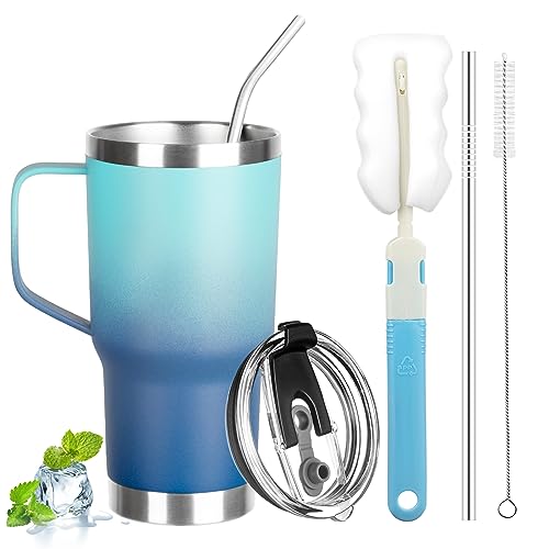 20 oz Tumbler with Handle, Stainless Steel Insulated Tumbler with Lid and Straw, Double Wall Vacuum Coffee Mug Tumbler,Insulated Coffee Thermal Cup for Cold and Hot(Light Dark Blue) - color: Light Dark Blue, size: 20 Ounces