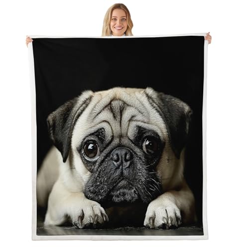 Dog Throw Blanket Cute Cartoon Pug Dog Decor Sherpa Blanket for Boys Girls Kids 3D Lovely Animal Puppy Printed Plush Fuzzy Blanket Black Dog Pattern Home Bedroom Decor Soft Cozy Bed Blanket, Queen - color: Multi 1, size: Queen