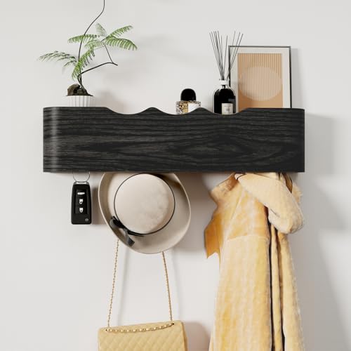 Coat Rack Wall Mount with Shelf 4 Hidden Hooks Modern Wooden Key Holder Entryway Organizer for Hallway Bedroom Bathroom Home Decor Storage for Hanging Coats Hats Bags Towels, Wave-Shape Black - color: Black Wave-Shape, size: 4 Hooks