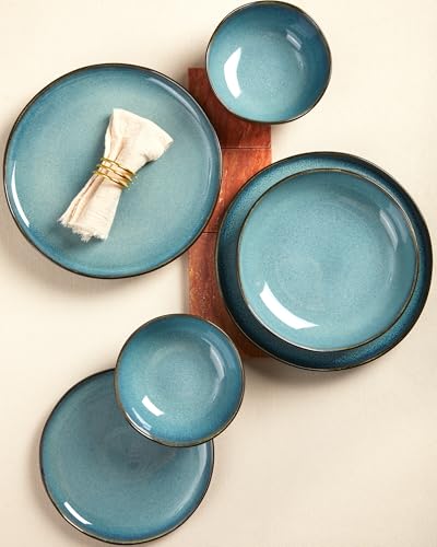 Ceramic Dinnerware Sets for 4, 16pcs Plates and Bowls Sets Dish Set | Stoneware Dishware sets, Microwave & Dishwasher Safe, Cereal Bowls and Dinner Plates Set, Stackable Dishes Set, Green Black - color: Green Black, size: Set (16pcs)