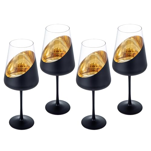 MyGift Black and Gold Wine Glasses, Set of 4 Tulip Champagne Glasses, 19 oz Stemmed Drinkware for Cocktails, Wine, Entertaining, Wedding, Gifts