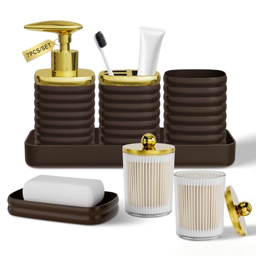 Bathroom Accessory Set - Gorgeous Bathroom Set, 7PC Brown Bathroom Accessories Set, Soap Dispenser, Toothbrush Holder, Qtip Holder Set, Bathroom Accessories Sets Complete for Home - color: Brown&gold