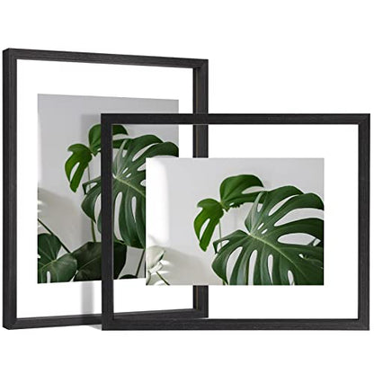 Egofine 11x14 Floating Frames Set of 2, Double Plexiglass Picture Frame, Made of Solid Wood Display Any Size Photo up to 11x14, Wall Mount or Tabletop Standing, Faded Black - color: Faded Black, size: 11x14