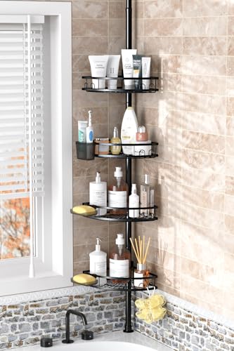 Adjustable Tension Pole Shower Caddy: Rustproof Corner Bathroom Organizer | 4-Tier 31-124" No Drill Standing Shelves Fits Apartments Rentals Bathroom Bathtub, for Shampoo, Conditioner, Bath Essentials