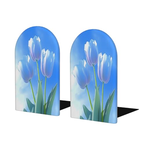 Blue Flowers Tulip Floral 2Pcs Book Ends for Shelves Non-Skid Wood Bookends Decorative Back to School Books Holders Book Stoppers Bookshelf Accessories for Desk Home Office School Decor (1 Pair) - color: Blue Flowers Tulip Floral
