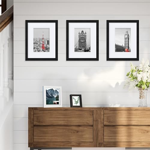 Hongkee 8x10 Black Picture Frames set of 3, Made of Wooden and Glass Photo frame - Displays Picture 5x7 with Mat or 8 x 10 without Mat, Desktop & Wall Collage Frame set - color: Black, size: 8x10 in