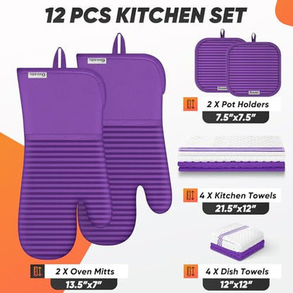Oven Mitts Kitchen Towels and Dishcloths with Pot Holders Sets, Oven Gloves Hot Pads 500°F Heat Resistant with Silicone Grip, Include 2 Cooking Gloves/2 Potholders/4 Kitchen Towels/4 Dish Towels - color: Purple