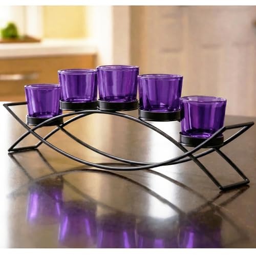 Dining Room Table Centerepice,Tealight Candle Holder, Purple | Votive Candle Holders, Wrought Iron 5 Cup Candelabra, Long Modern Coffee Console Table, Black, Purple Glass Cups, 17in Long - color: Purple, size: 5 Cup