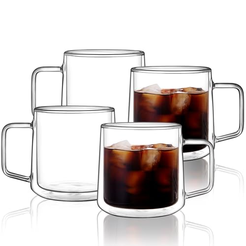 CNGLASS 15oz(4-pack) Double Walled Glass Coffee Mugs,Large Insulated Glass Mugs with Handle,Clear Coffee Cups for Espresso,Latte,Cappuccino,Tea - color: 15oz(4-pack)