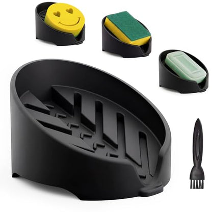 NiHome Silicone Sponge Holder for Kitchen Sink, Fits Scrub Daddy Mommy | Self-Draining Dispenser Organizer Tray, Sink Caddy Countertop Fits Soaps, Scrubber, Dishwasher Safe, Includes Brush - color: Black