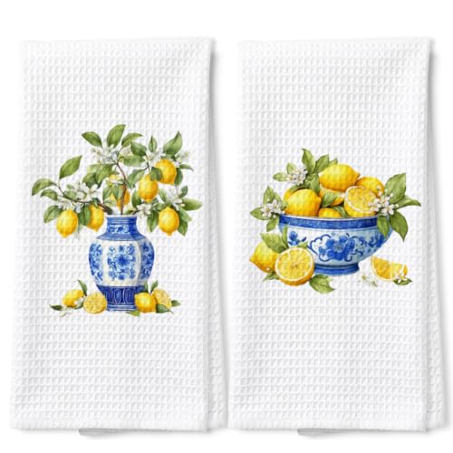 Chinoiserie Lemon Gifts Waffle Weave Kitchen Towels Set for Women Hostess, Chinoiserie Gifts Decorative Towels for Lemon Lover - color: Chinoiserie Lemon