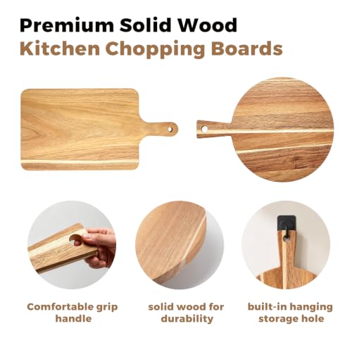 2 Pcs Acacia Wood Cutting Board Set with Handle, Round & Rectangular Wooden Cutting Boards, Charcuterie Board, Chopping Board Set with Hanging Design, Serving Tray for Cheese Meat Pizza