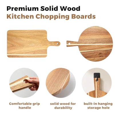 2 Pcs Acacia Wood Cutting Board Set with Handle, Round & Rectangular Wooden Cutting Boards, Charcuterie Board, Chopping Board Set with Hanging Design, Serving Tray for Cheese Meat Pizza