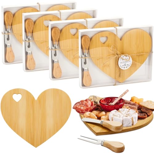 Patelai 4 Set Bridal Baby Shower Favor Heart Cheese Board with Knife, Wood Mini Charcuterie Board Thank You Gift Box for Guest Bridal Baby Shower Prize Wedding Valentines Birthday (Bamboo Color) - color: Bamboo Color
