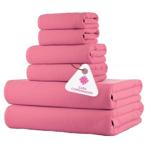 CASA COPENHAGEN Waffle 6Pcs 100% Egyptian Cotton Large Designer Towels Gift Set- Pink, 2Bath 2Hand 2Washcloths, Bath Towels for Bathroom (Box Pack, Set for Women & Men) - color: Waffle 6pcs Towel Set Pink, size: 6 Pieces