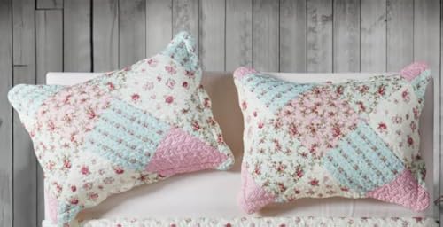 Brilliant Sunshine Pink & Green Roses Pillowshams Set, 20"x26"+2" | Patchwork Design, Quilted Standard Pillowcases, Washable Scallop Edge Pillow Covers, Pack of 2 - color: Pink Green, size: 20 x 26 inches