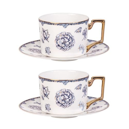 KAMMAK Tea Cups and Saucers Set of 2, Fine Bone China Coffee Cups, 571N | Stackable Espresso Mugs, Ceramic Demitasse for Coffee, Cappuccino, Latte, Americano, Tea - size: 7KPSP571N