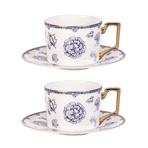 KAMMAK Tea Cups and Saucers Set of 2, Fine Bone China Coffee Cups, 571N | Stackable Espresso Mugs, Ceramic Demitasse for Coffee, Cappuccino, Latte, Americano, Tea - size: 7KPSP571N