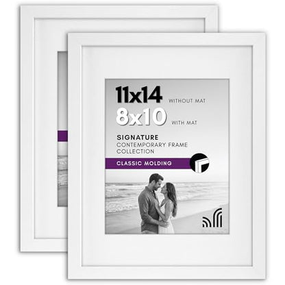 Americanflat 11x14 Picture Frame with Shatter-Resistant Glass - Set of 2 - Use as 8x10 Frame with Mat or Display 11x14 Photo Without Mat - Signature Collection - Picture Frames for Wall - White | Engineered Wood construction, Shatter-resistant glass, hang