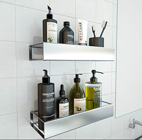 Bathroom Adhesive Shower Caddy Basket Shelf with Hooks, No Drilling Removable Bathroom Shelf Organizer,Stainless Steel Rustproof Shower Rack for Shampoo Storage, Sponge Holder-Silver - color: Silver