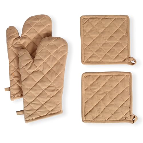 Native Fab Pot Holders and Oven Mitts Sets for Kitchen Heat Resistant- Hanging Non-Slip - 100% Cotton Oven Mitts and Pot Holders 4-Piece Set- Beige - color: Beige