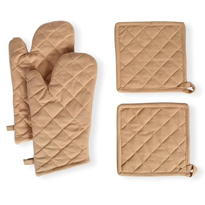 Native Fab Pot Holders and Oven Mitts Sets for Kitchen Heat Resistant- Hanging Non-Slip - 100% Cotton Oven Mitts and Pot Holders 4-Piece Set- Beige - color: Beige