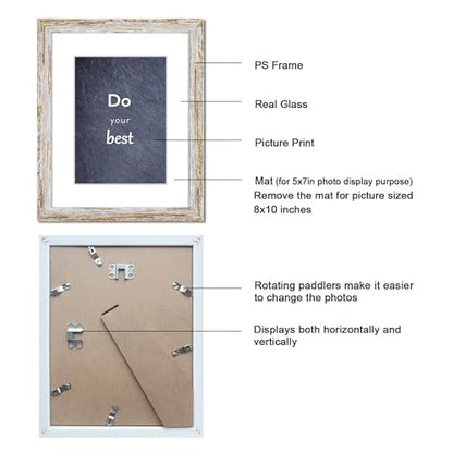 Rustic Distressed Retro Style White Frame 8x10 Picture Frame Set of 3 with Real Glass for Pictures 5x7 with Mat or 8x10 Without Mat, Wall Gallery or Tabletop display - size: 8x10(set of 3)