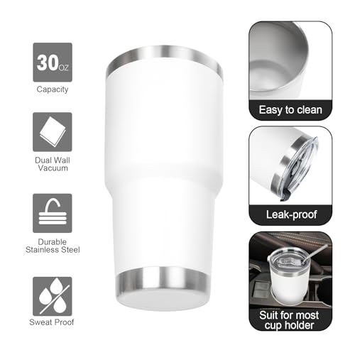 30 oz Tumbler with Lids and Straws Double Wall Insulated Tumbler Cup,Stainless Steel Leak-proof Thermal Coffee Tumbler Powder Coated Travel Mug for Cold and Hot Beverages,White - color: White, size: 30 Ounces