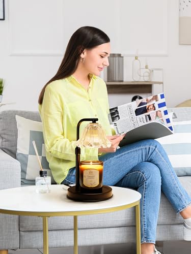 Candle Warmer Lamp with Timer - Adjustable Height for Jar Candles | Metal and glass candle warmer with 4 brightness levels, 2/4/8-hour timer, adjustable 7.08-11.1 in pole and two 50W bulbs - color: Flower Candle Warmer Lamp