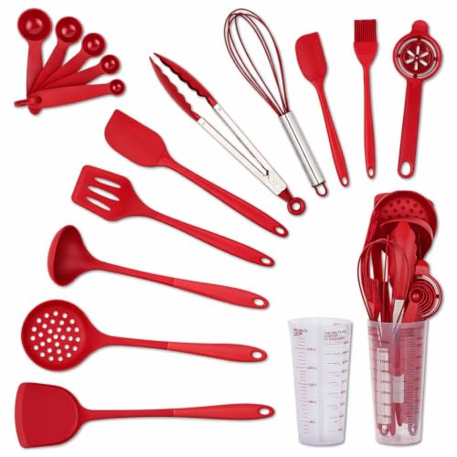 16-Piece Silicone Kitchen Utensil Set with Measuring Cup, Red | Dishwasher-safe BPA-free tools for nonstick cookware, with tongs, whisk, 5 measuring spoons and a 500ml measuring cup holder - color: Red