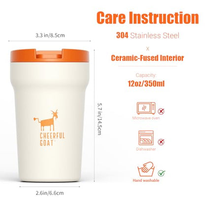 CHEERFUL GOAT Ceramic Lined Coffee Travel Mug – Stainless Steel Travel Coffee Tumbler with Ceramic Liner, with lid, 12oz Coffee Cup for Hot and Cold Water Coffee at Home, Office, or On the Go (white) - color: White