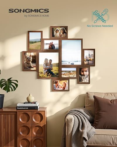 SONGMICS Picture Frames, Collage Photo Frames Set of 10, Two 8x10, Four 5x7, Four 4x6, Wall Gallery Display, Tool-Free Assembly,Rustic Brown URPF100MZ01 - color: Rustic Brown, size: 8*10 2 pack+ 5*7 4 pack + 4*6 4 pack