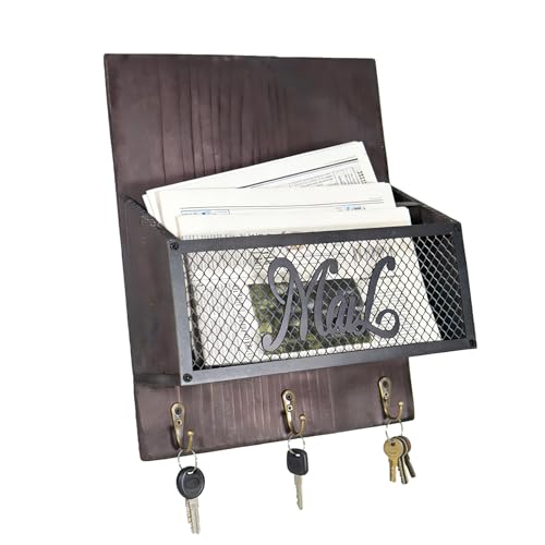 Holder Wall Mount, Hooks for Wall, Keys on Mail Organizer Mounted, Rustics Inspires Wood Mount Mail Sorter with 3 Hook Storage Organiser Home Offices Entryway Decoration Rural Wooden Holder - color: Black