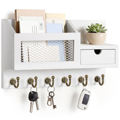 FifthQuarter Key Hanger Wall Mount with Drawer and 6 Sturdy Hooks, B-White | Cute Rustic Farmhouse Wooden Wall Key Holder, Reliable Front Door Organizer for Keys and Daily Essential, Easy Installation - color: B-White