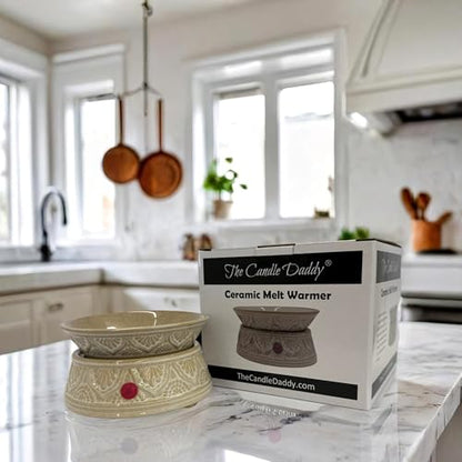 The Candle Daddy Wax Melt and Candle Warmer - Safe No Flame/No Bulb - Ceramic Cream Decorative Etched