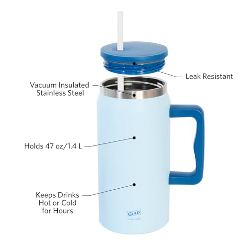 Glad Pioneer Stainless Steel Tumbler with Lid and Straw - Double Walled Insulated Cup with Handle - Leak Resistant & Drinks Stay Cold All Day, 47oz, Blue - color: Blue, size: 47 Ounces