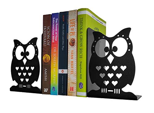 Metal Bookends, Owl Design, Black, 1 Pair, 6 Inch Tall
