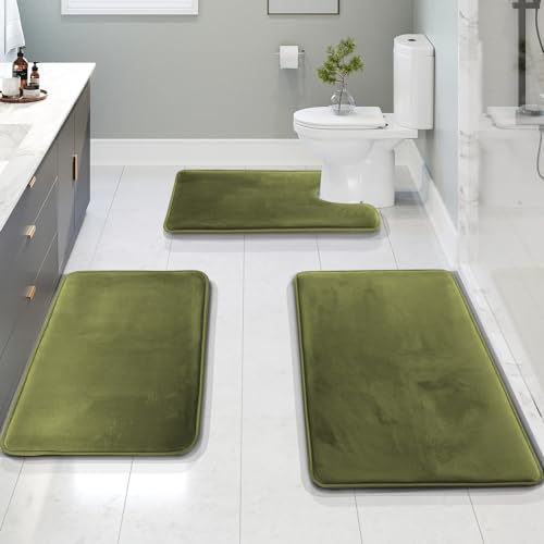 Clara Clark 3 Piece Bathroom Rugs Bath Mat Set, Velvet Memory Foam Bath Mats for Bathroom - Non-Slip, PVC Backing Bath Rugs, Washable - Dries Quickly, Green - color: Sage Green