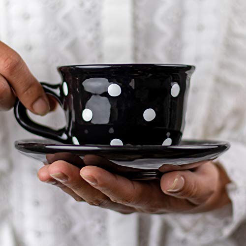 City to Cottage Handmade Black and White Polka Dot Ceramic 8.4oz/250ml | Cappuccino, Coffee, Tea Cup and Saucer, Unique Designer Pottery for Tea Lovers - color: Black - 8.5oz (250ml)