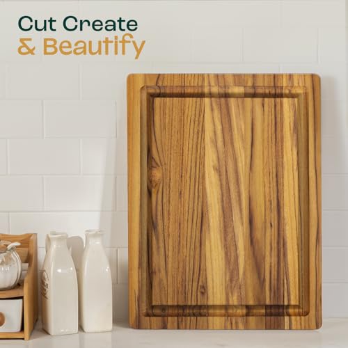 Yes4All Durable Teak Cutting Boards for Kitchen,[16.5''L x 13''W x 1.5”Thick] Medium Edge Grain Cutting Board, Pre Oiled Wood Cutting Boards, Thick Chopping Board w/Juice Grooves and Easy Grip Handle - size: 16.9"L x 13"W, style: Teak