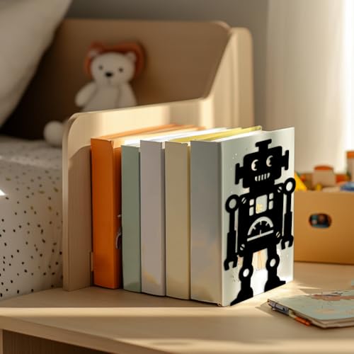5.3"x4.3"x7.9" Metal Bookends, Heavy Duty Book Ends for Shelves | Robot Theme Cast Iron Book Supports, 1 Pair Decor Stoppers for Desk, Library, Office & Home Shelves - style: Robot