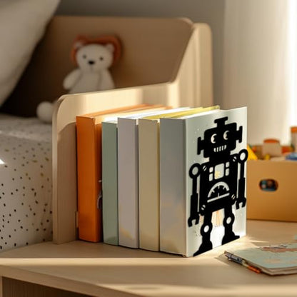 5.3"x4.3"x7.9" Metal Bookends, Heavy Duty Book Ends for Shelves | Robot Theme Cast Iron Book Supports, 1 Pair Decor Stoppers for Desk, Library, Office & Home Shelves - style: Robot